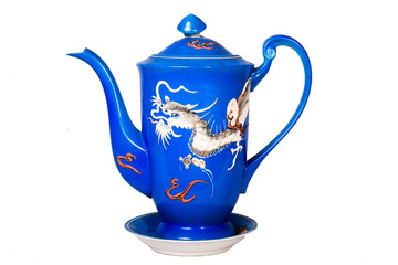  chinese dragon blue tea set on white background