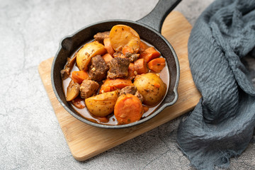 French cuisine Beef Bourguignon. Beef stew with red wine, carrots and potatoes. 