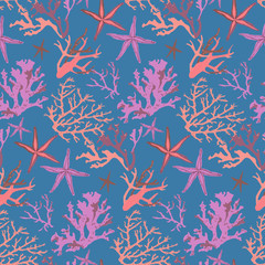 Corals and sea stars seamless pattern. Sketched hand drawn summer background.