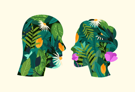 Green think. Silhouettes of man and woman, with flowers grow inside them. 