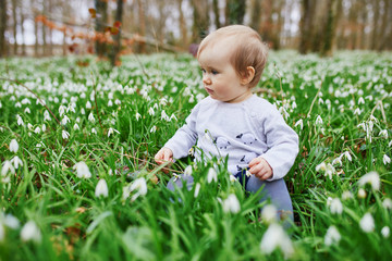 Cute one year old baby girl sitting on the grass with many snowdrop flowers in park or forest