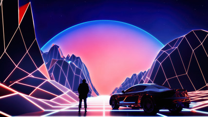 retro style synth wave themed landscape environment with high tech sports car and fantasy man figure