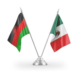 Mexico and Malawi table flags isolated on white 3D rendering