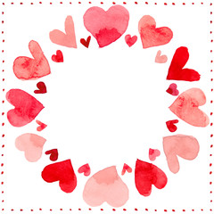 Watercolor illustration of red hearts love set for February Valentine's day in shape of a frame for invitation card.
