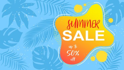 Vector Summer Sale website banner with tropic palm leaves on blue background. Season offers poster or flyer, Sale tag, leaflet, placard. Promo, coupon for Summer shopping.