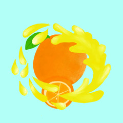 an orange and a slice of orange in the air and surrounded by its own juice