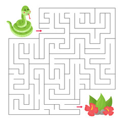Labyrinth for children. Maze game with cute cartoon snake and tropical plants. Jungle animals. Educational worksheet.