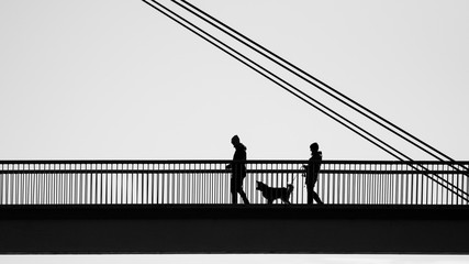 Silhouetted couple with a dog walking along a suspended bridge