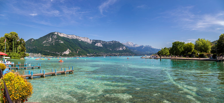 Panoramic view of Lake Annecy (French Alps) in summer. It is the third largest lake in France and its waters are very transparent.