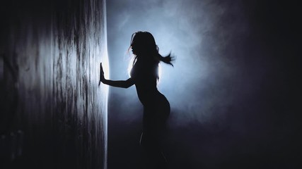 Silhouette of a sexy girl dancing sexy dance in high heels with light in her back. Black smoke background