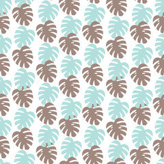 モンステラ　シームレスパターン　茶色と水色