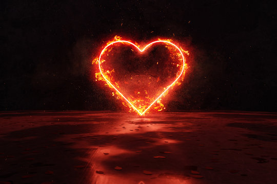 3d rendering of red lighten heart shape in fire against grunge wall background