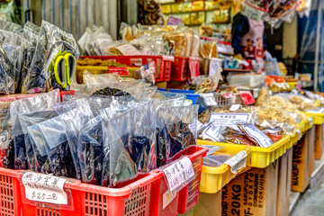 Market stalls in Tai O fishing village on Lantau Island in Hong Kong. 