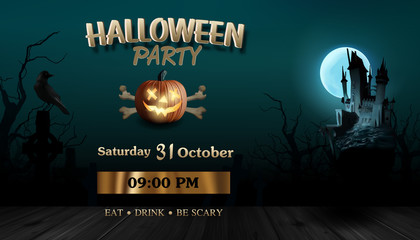 Vector Illustration Of Realistic.pumpkin Scary.dark castle.Halloween party.dark brown wooden.crow. © illusmann