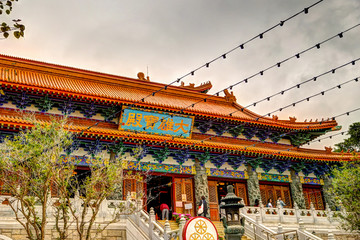 Naklejka premium Temples of the Po Lin Monastery in Ngong Ping on Lantau Island in Hong Kong