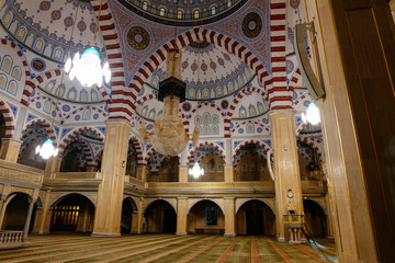Interior of Ahmad Kadyrov Mosque Heart of Chechnya, Grozny, Russia. Nov. 3, 2019