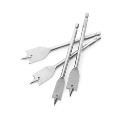 Spade drill bits isolated on white, top view. Carpenter's tools
