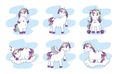 group of cute unicorns fantasy icons