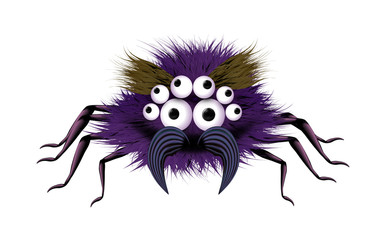 Fluffy purple spider cartoon. Childish cute tiny insect. Vector illustration.