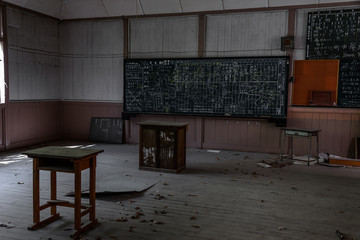Japanese abandoned school with graffiti name written on the black board.