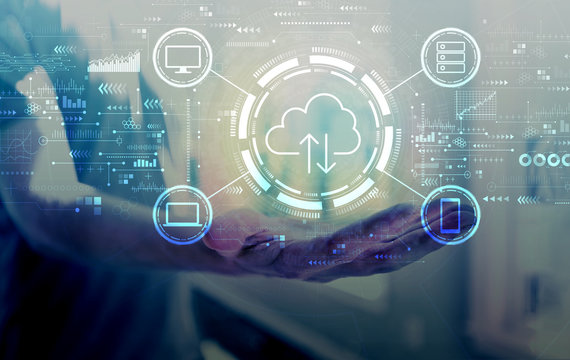 Cloud computing with young man holding his hand