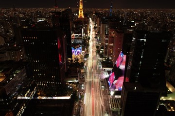 Panoramic view of a illuminated avenue em São Paulo, Brazil. Paulista Avenue. Great landscape....