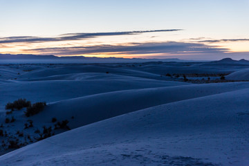 Landscape view of the sunrise in White Sands National Park near Alamogordo, New Mexico.