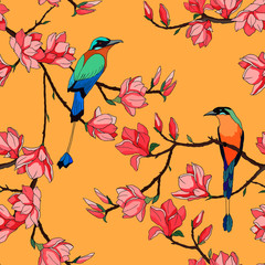 seamless pattern in bright colors, with magnolia flowers and birds, wallpaper ornament, wrapping paper