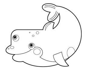 Cartoon underwater scene with swimming coral reef fish killer whale with sketch - illustration
