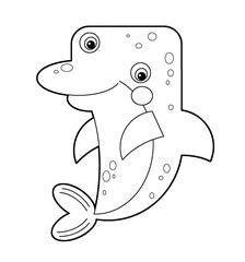 Cartoon underwater scene with swimming coral reef fish dolphin with sketch - illustration