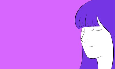 girl face long hair portrait isolated on violet background. hand drawn vector illustration