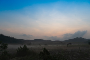 Landscape veiw of grassland and mountains with morning fog. at Khao Phu Don Rayong Thailand.
