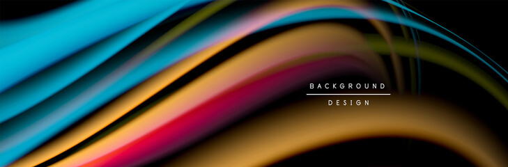 Сolorful flow poster. Wave liquid lines and shapes in black color background. Vector Illustration