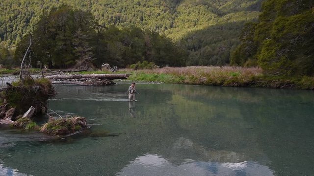 Fly fisherman wading in a crystal clear river and casting his nymph upstream. Mountains and dense rainforest in the background. Eglinton River, Fiordland National Park, Southland, New Zealand.