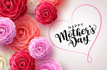 Happy mothers day vector greetings card background. Mother's day text in heart shape frame concept design in white pattern background with colorful camellia flowers for mom. Vector illustration.