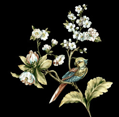 Fototapeta premium Colorful flower on dark background,Flowers watercolor illustration,leaves and floral，Design for textile, wallpapers