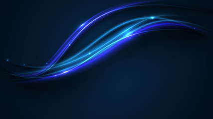 Blue and purple neon glowing curves waves