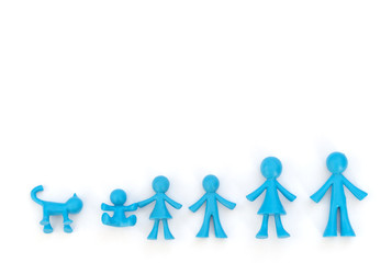 Small blue figures of father, mother, son, daughter, baby and cat on white background. Family concept. Set of figures for studying and playing for kids. Flat lay style with copy space.