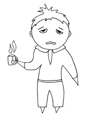 Cartoon businessman drinking tea due to drowsiness. Young man in pajamas.