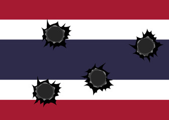 There’re gun shot holes on Thai flag. Concept about violence, terrorist, mass shooting, rampage, killing and etc. 