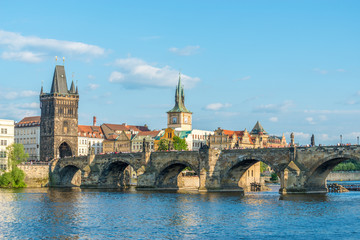 Scenic view of the Old Town pier architecture and Charles Bridge over Vltava river in Prague, Czech Republic