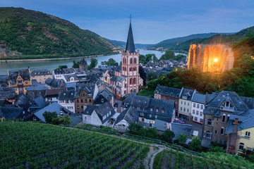 High angle view of Parish Church of St. Peter surrounded by local dwellings with grape plantation foreground at Bacharach, Germany during twilight