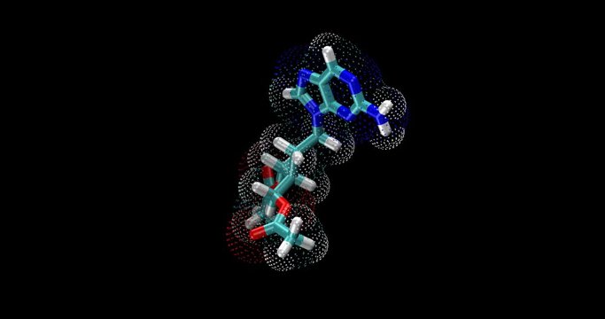 Famciclovir, 3D molecule, guanine analogue anti-herpes drug spinning on Y axis