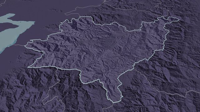 Azuay, province with its capital, zoomed and extruded on the administrative map of Ecuador in the conformal Stereographic projection. Animation 3D