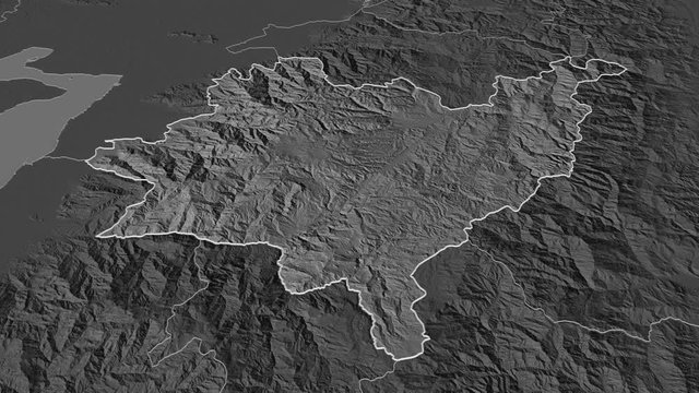 Azuay, province with its capital, zoomed and extruded on the bilevel map of Ecuador in the conformal Stereographic projection. Animation 3D
