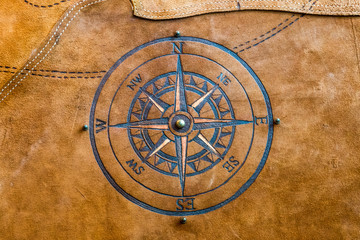 Compass print on brown leather. East west south north sides
