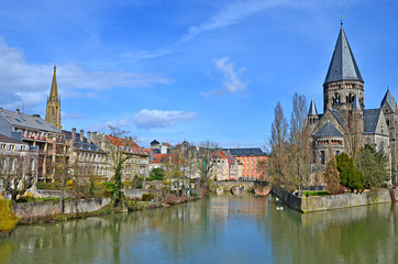 Temple Neuf meaning in French "New Temple" is a protestant church in Metz, France, It is surrounded by Moselle river.