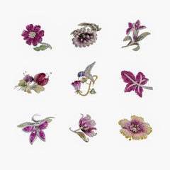 clorection of Butterfly, Leaf and flower broochs on white background