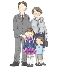 入学式　家族　女の子　（両親、弟）
