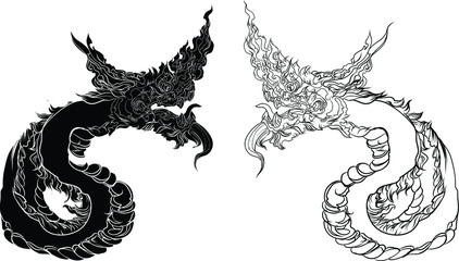 Thai asian dragon isolate on white background.Coloring book king snake and Thai style tattoo.